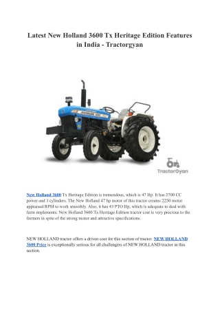 Latest New Holland 3600 Tx Heritage Edition Features in India - Tractorgyan