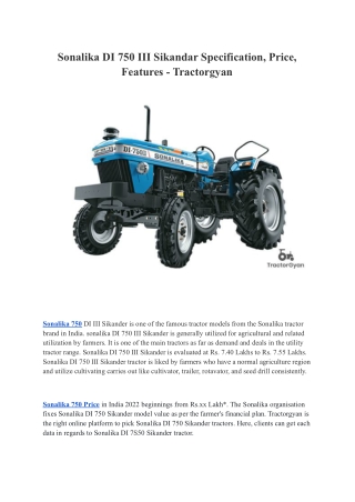 Sonalika DI 750 III Sikandar Specification, Price, Features - Tractorgyan