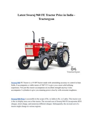 Latest Swaraj 960 FE Tractor Price in India - Tractorgyan