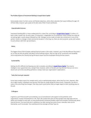 Positive Aspects  and Aware of Top Skills of Investment Banking by Joseph Stone Capital