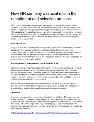 How HR can play a crucial role in the recruitment and selection process