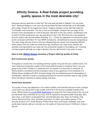 Affinity Greens- A Real Estate project providing quality spaces in the most desirable city!