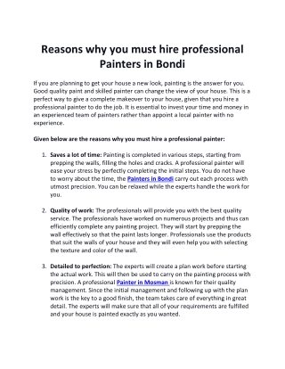 Reasons why you must hire professional Painters in Bondi