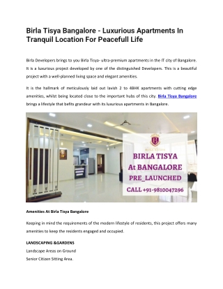 Birla Tisya Bangalore - Luxurious Apartments In Tranquil Location For Peacefull Life