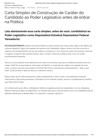 Carta Simples de Construção de Caráter do Candidato ao Poder Legislativo antes de entrar no Marketing Político-Poder Leg