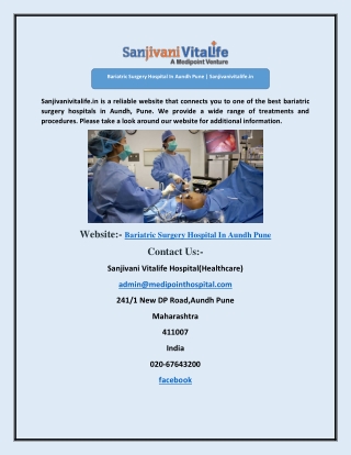 Bariatric Surgery Hospital In Aundh Pune | Sanjivanivitalife.in