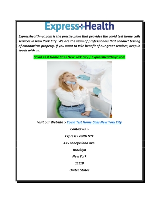 Covid Test Home Calls New York City  Expresshealthnyc.com