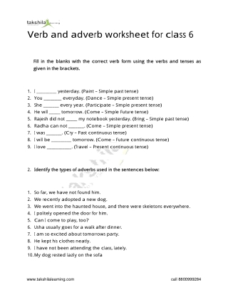 Verb and adverb worksheet for class 6