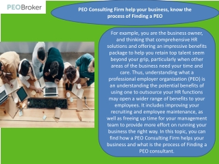 PEO Consulting Firm help your business, know the process of Finding a PEO