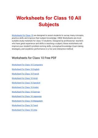Worksheets for Class 10 Free PDF Download