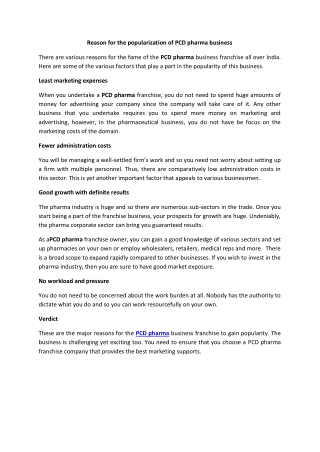 Reason for the popularization of PCD pharma business