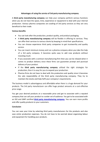 Advantages of using the service of 3rd party manufacturing company