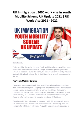 UK Immigration : 3000 work visa in Youth Mobility Scheme UK Update 2021