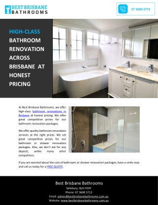 HIGH-CLASS BATHROOM RENOVATION ACROSS BRISBANE AT HONEST PRICING