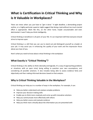 What is certification in critical thinking and why is it valuable in workplaces-William Paterson University