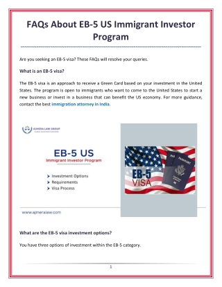 FAQs About EB-5 US Immigrant Investor Program