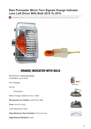 imsautoparts.com-Ram Promaster Mirror Turn Signals Orange Indicator Lens Left Driver With Bulb 2014 To 2015