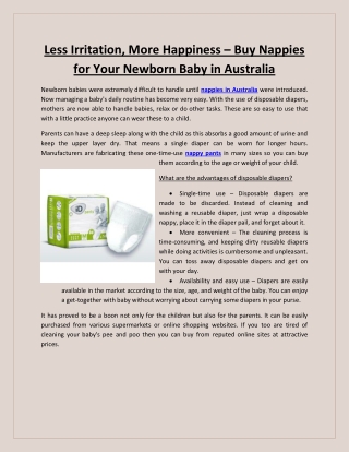 Less Irritation, More Happiness – Buy Nappies for Your Newborn Baby in Australia