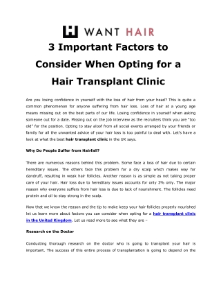 3 Important Factors to Consider When Opting for a Hair Transplant Clinic