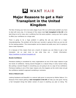 Major Reasons to get a Hair Transplant in the United Kingdom