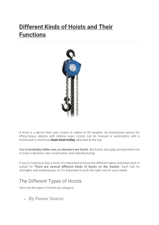 Different Kinds of Hoists and Their Functions