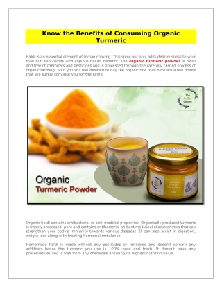 Know the Benefits of Consuming Organic Turmeric