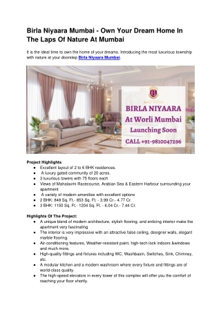 Birla Niyaara Mumbai - Own Your Dream Home In The Laps Of Nature At Mumbai