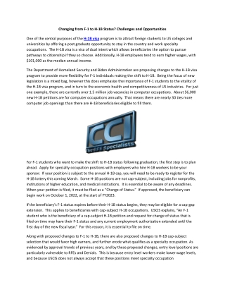 Changing from F-1 to H-1B Status Challenges and Opportunities