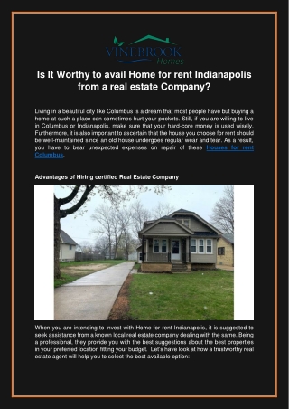 Is It Worthy to avail Home for rent Indianapolis from a real estate Company