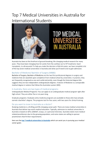 Top 7 Medical Universities in Australia for International Students