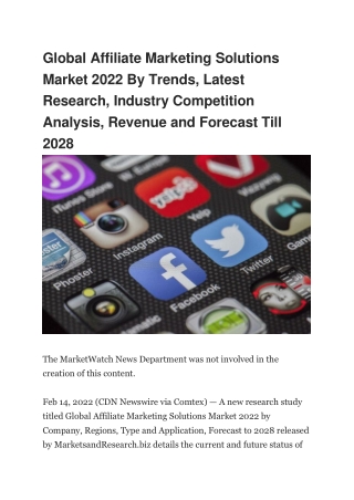 Global Affiliate Marketing Solutions Market 2022 By Trends, Latest Research,