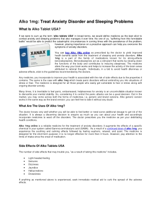 Alko 1mg Treat Anxiety Disorder And Sleeping Problems