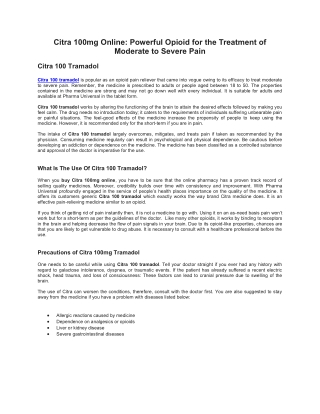 Citra 100mg OnlinePowerful Opioid For The Treatment Of Moderate To Severe Pain