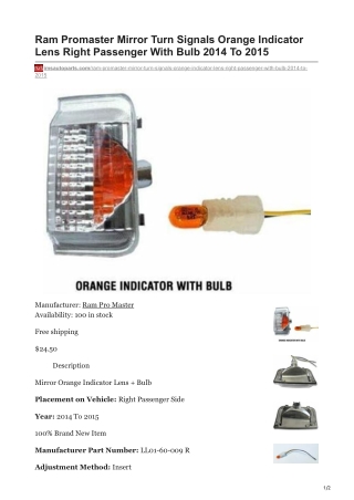 imsautoparts.com-Ram Promaster Mirror Turn Signals Orange Indicator Lens Right Passenger With Bulb 2014 To 2015