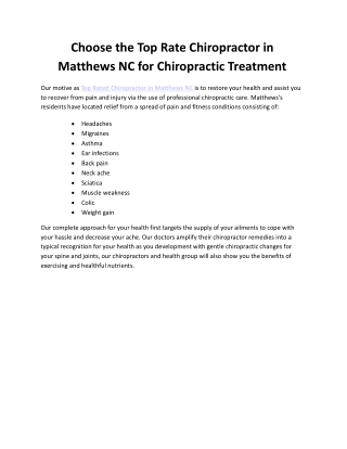 Choose the Top Rate Chiropractor in Matthews NC for Chiropractic Treatment