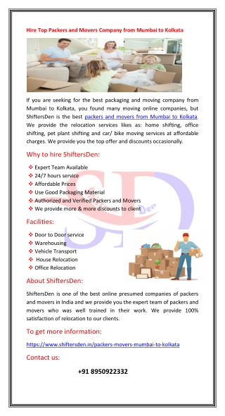 Experience Packers and Movers Mumbai to Kolkata