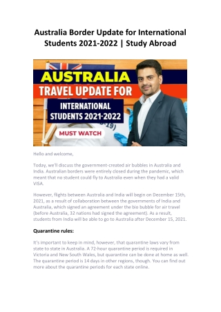 Australia Border Update for International Students 2021-2022 | Study Abroad