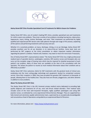 Harley Street ENT Clinic Provides Specialised Care & Treatments for Mild to Severe Ear Problems
