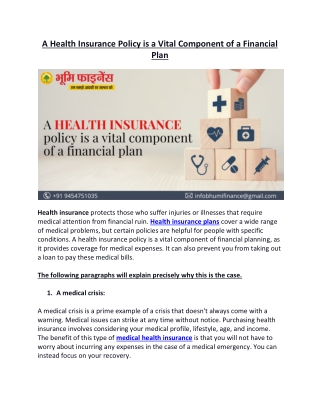 A Health Insurance Policy is a Vital Component of a Financial Plan