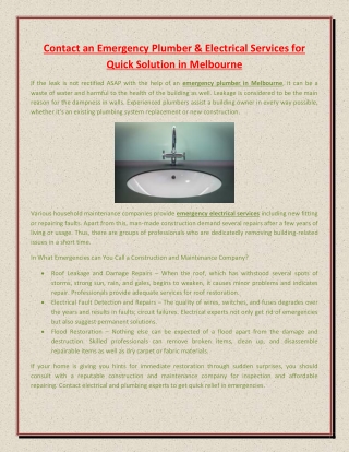 Contact an Emergency Plumber & Electrical Services for Quick Solution in Melbourne