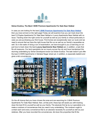 Sohan Exotica, the best 3 BHK Premium Apartments For Sale Near Hebbal