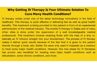 Why Getting IV Therapy Is Your Ultimate Solution To Cure Many Health Conditions