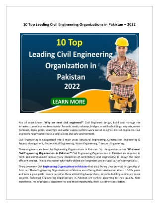 10 Top Leading Civil Engineering Organizations in Pakistan – 2022