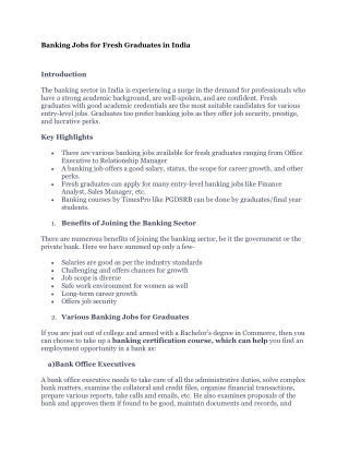 Banking Jobs for Fresh Graduates in India