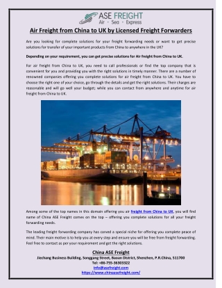 Air Freight from China to UK by Licensed Freight Forwarders