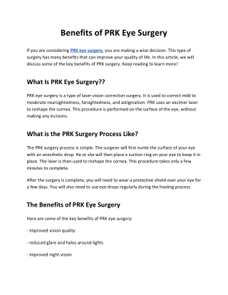 Benefits of PRK Eye Surgery