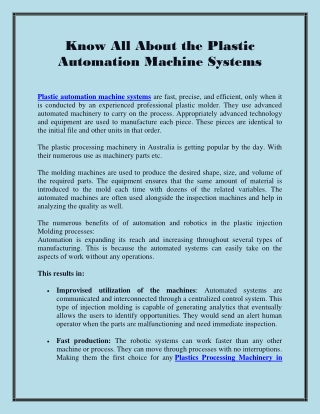 Know All About the Plastic Automation Machine Systems