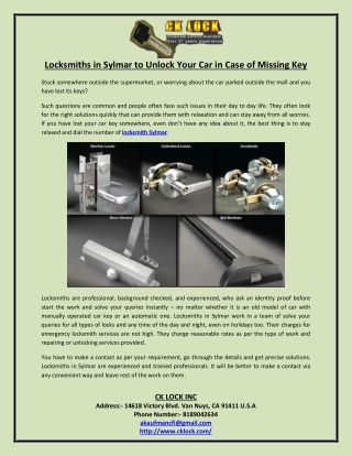 Locksmiths in Sylmar to Unlock Your Car in Case of Missing Key