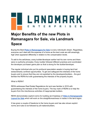 Major Benefits of the new Plots in Ramanagara for Sale, via Landmark Space