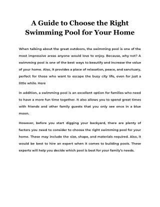 A Guide to Choose the Right Swimming Pool for Your Home